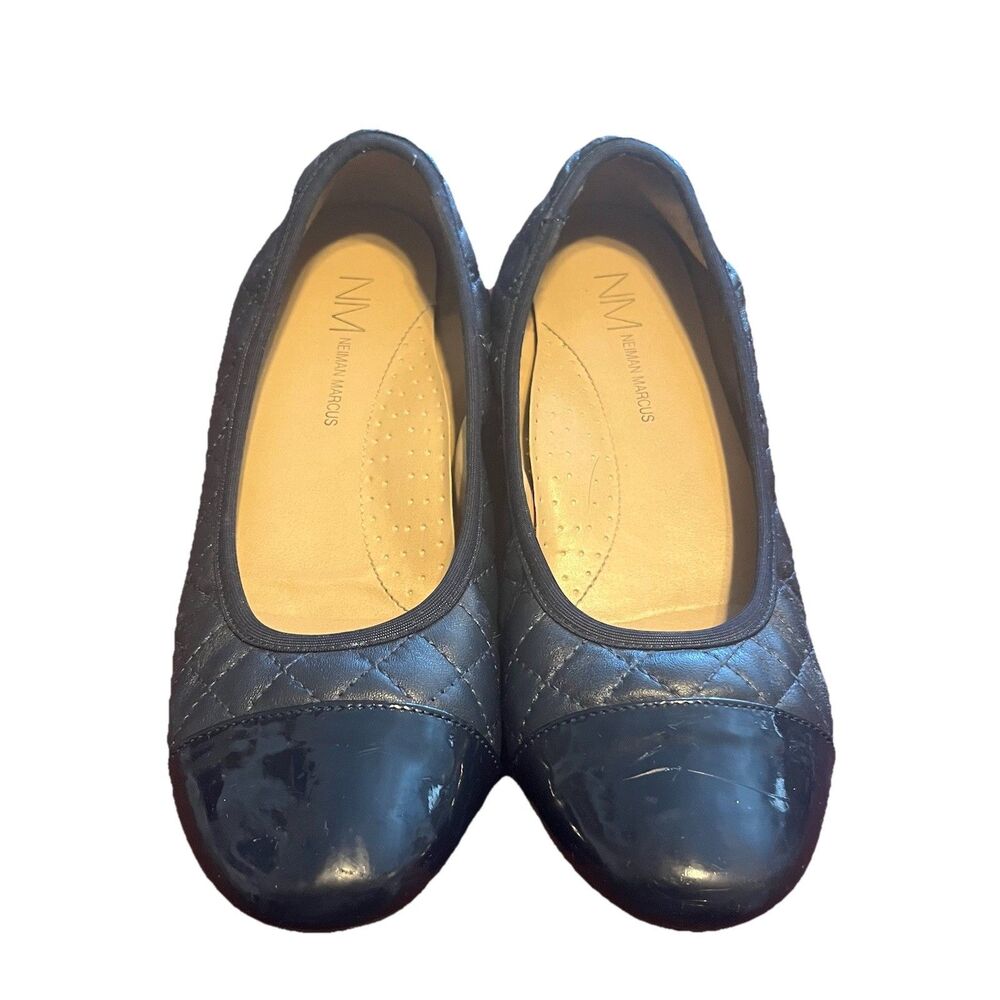 Neiman Marcus Navy Quilted Leather Patent Cap Toe Ballet Flats Women's Size 9